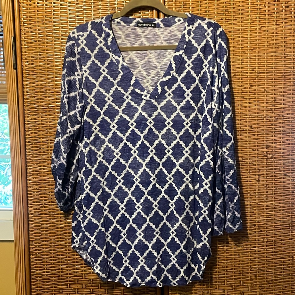 David Cline tunic in blue & white, worn once, EUC size Medium